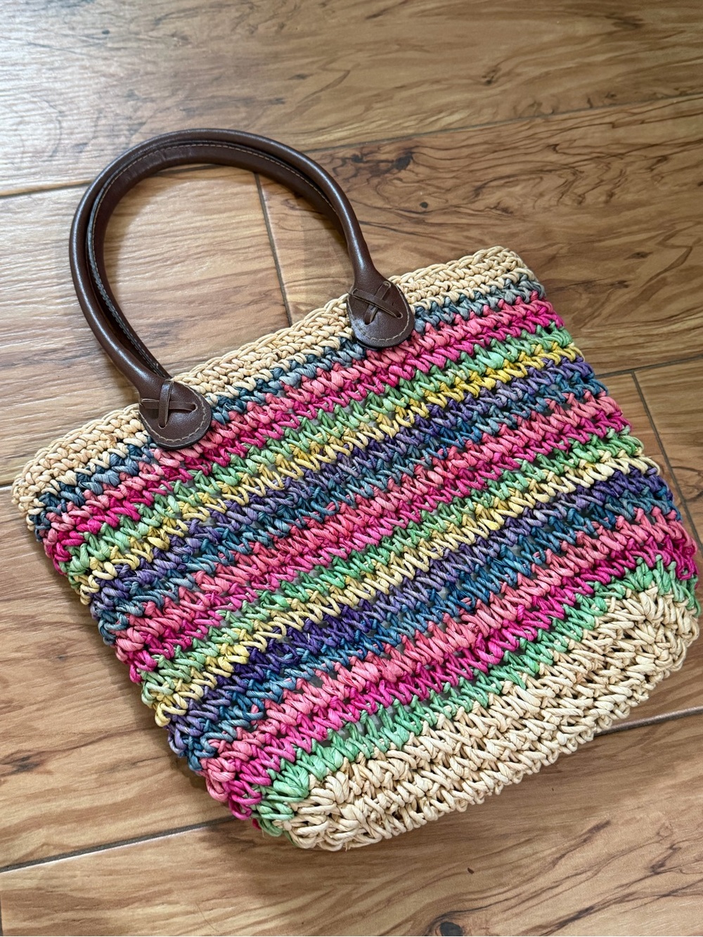 Multicolor Crochet Straw Tote with Brown Handles